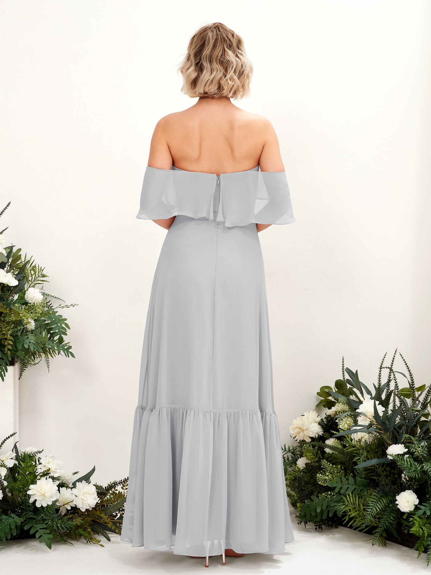 Carlyna Vestido dama de honor Línea A Hombros caídos Hasta el suelo Gasa Plata #color_plata