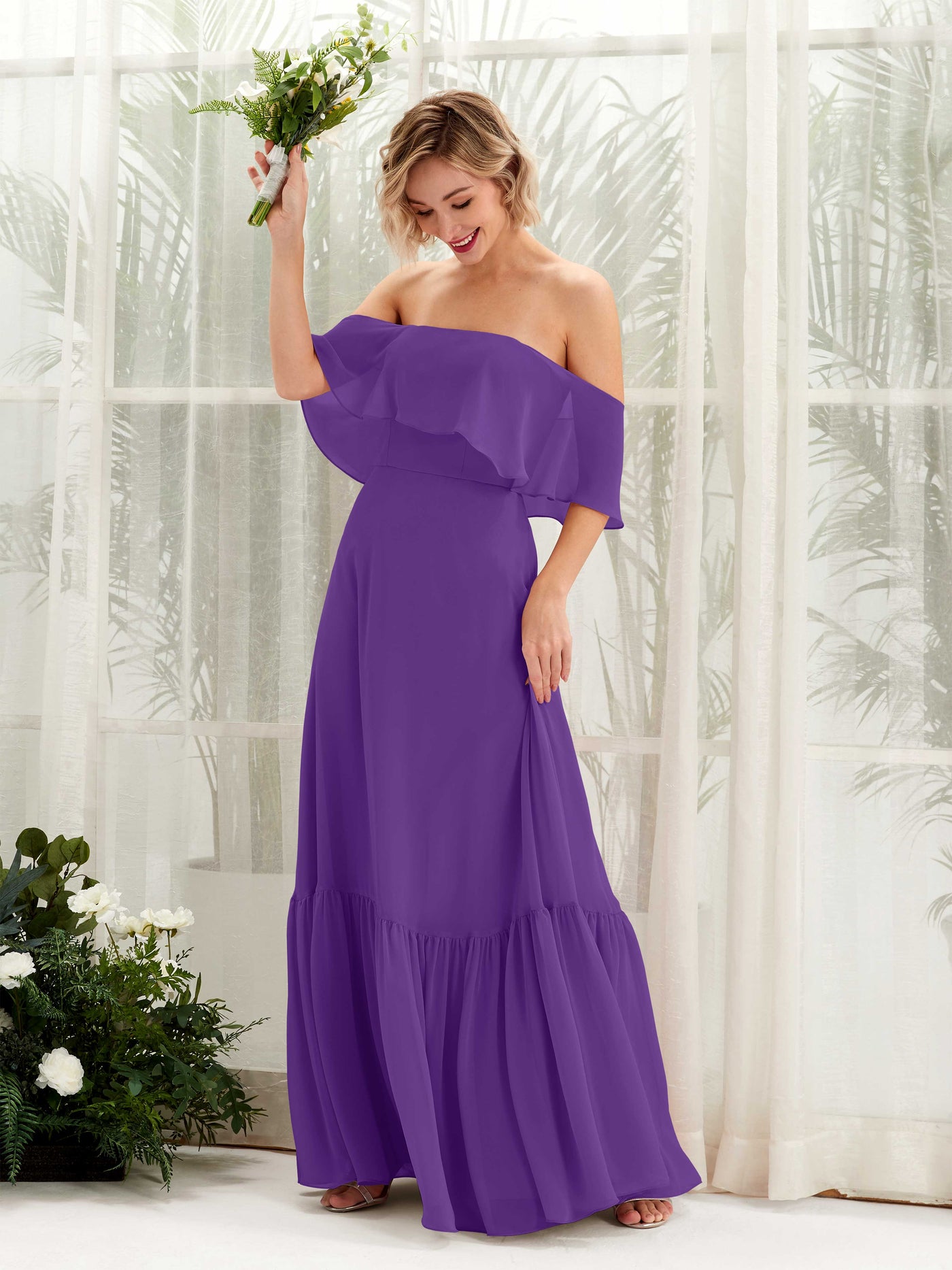 Carlyna Vestido dama de honor Línea A Hombros caídos Hasta el suelo Gasa Regencia #color_regencia