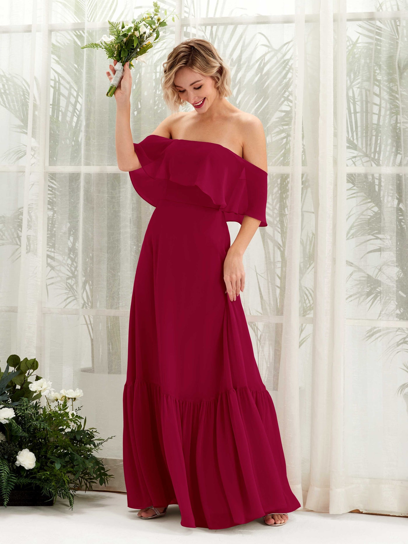 Carlyna Vestido dama de honor Línea A Hombros caídos Hasta el suelo Gasa Rojo Bufón #color_rojo-buf-n