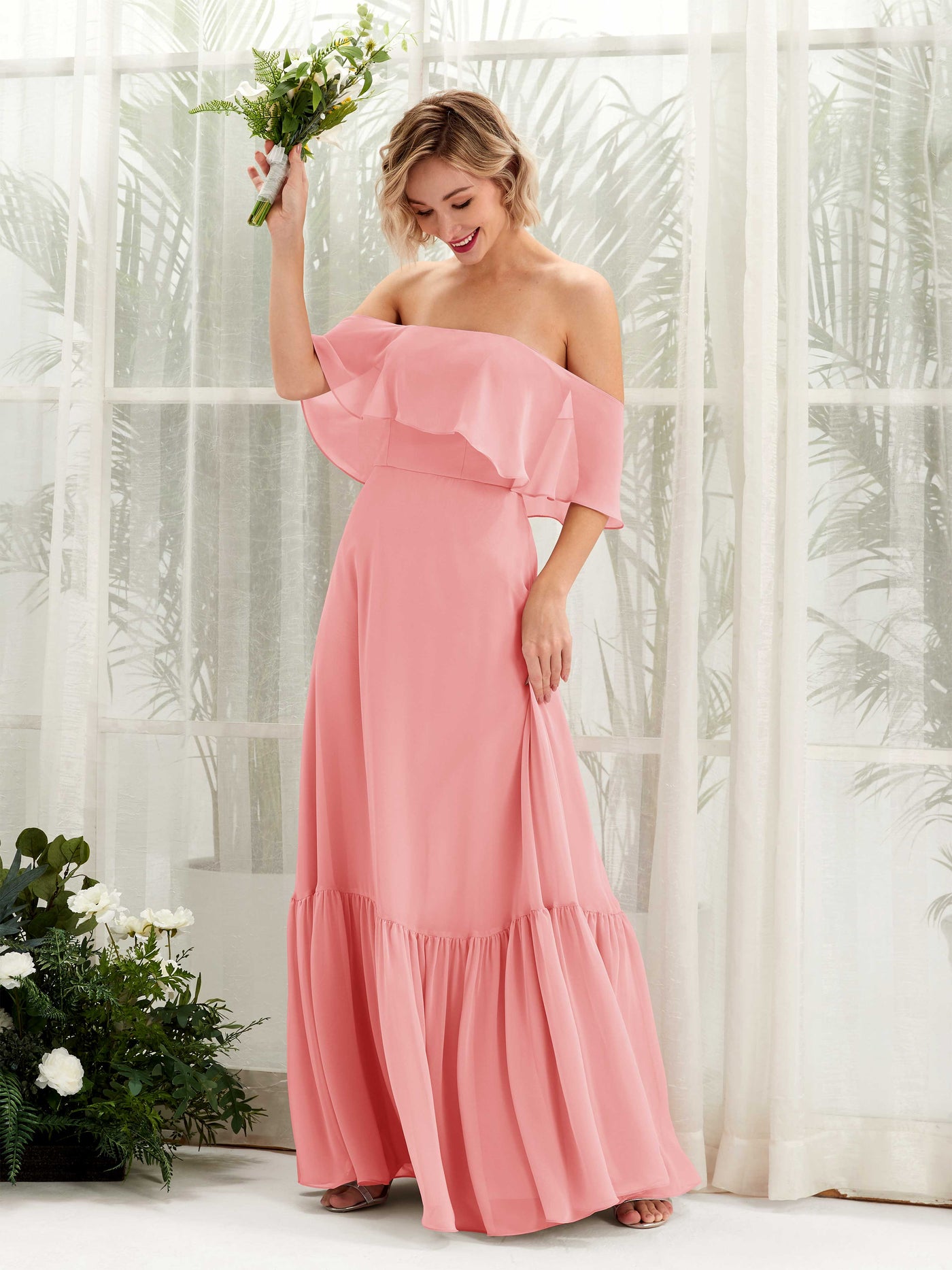 Carlyna Vestido dama de honor Línea A Hombros caídos Hasta el suelo Gasa Rosa Ballet #color_rosa-ballet
