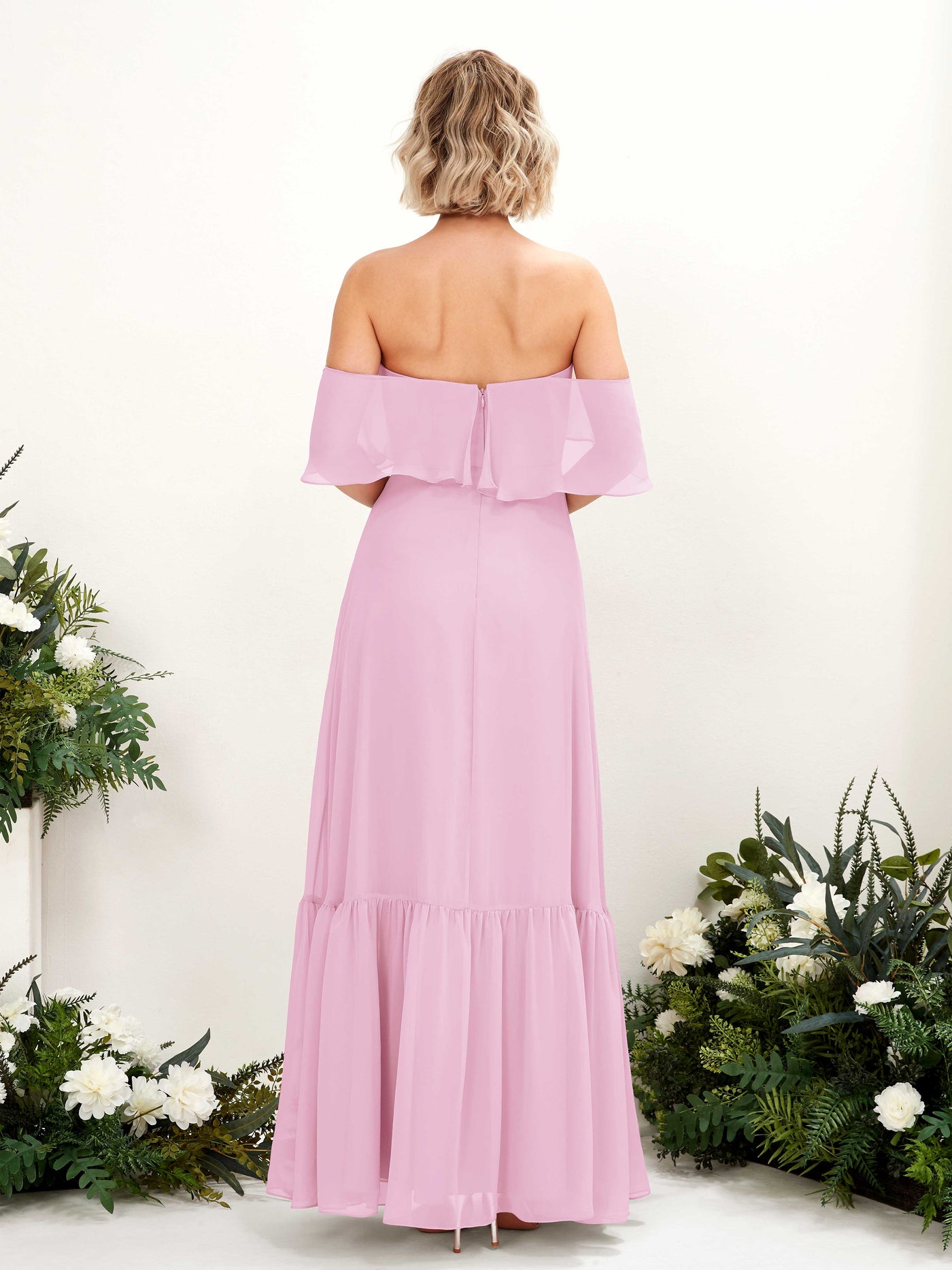 Carlyna Vestido dama de honor Línea A Hombros caídos Hasta el suelo Gasa Rosa Caramelo #color_rosa-caramelo