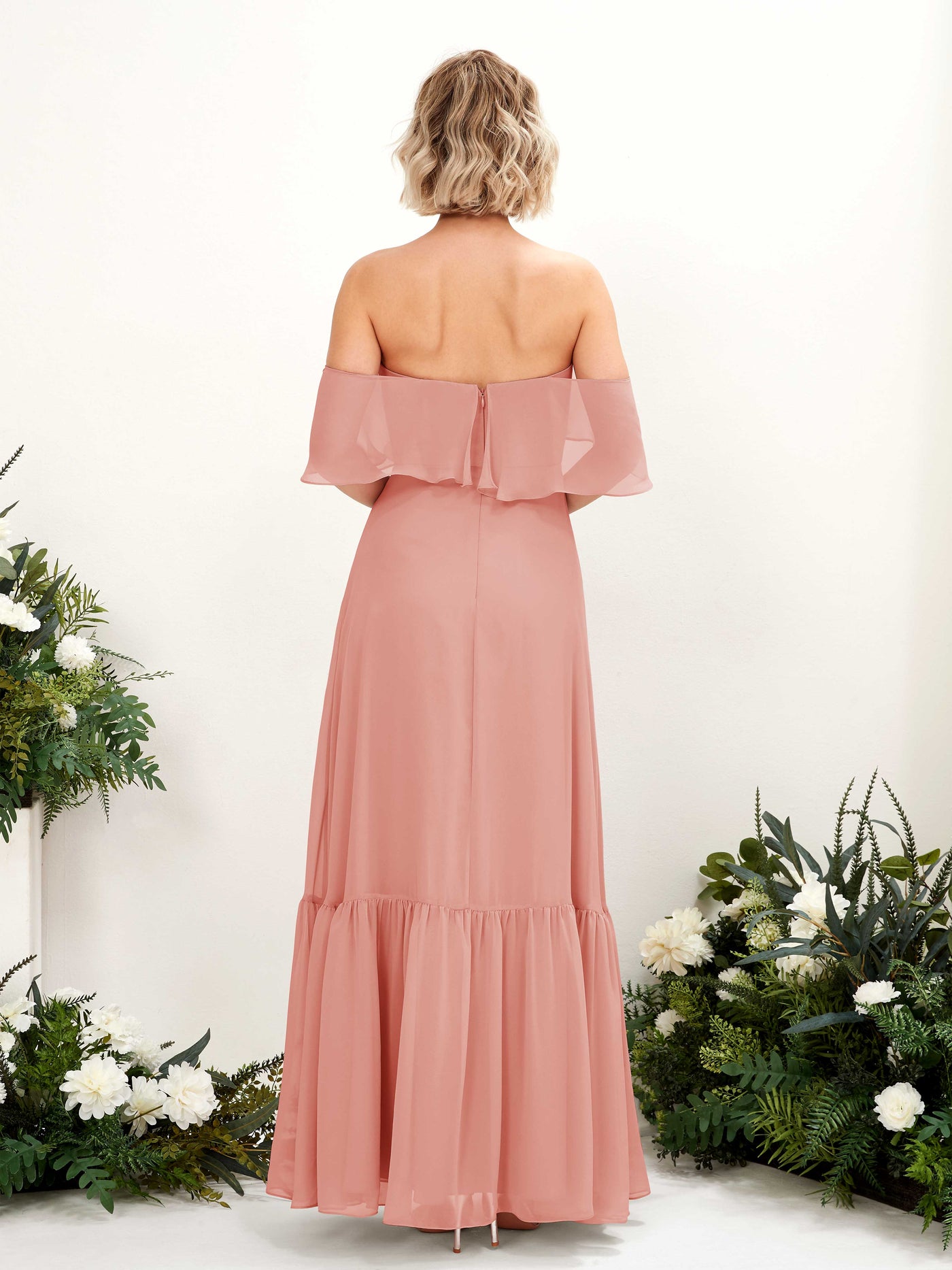 Carlyna Vestido dama de honor Línea A Hombros caídos Hasta el suelo Gasa Rosa Champán #color_rosa-champ-n