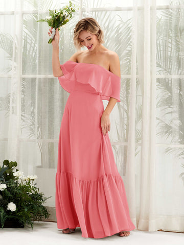 Carlyna Vestido dama de honor Línea A Hombros caídos Hasta el suelo Gasa Rosa Coral #color_rosa-coral