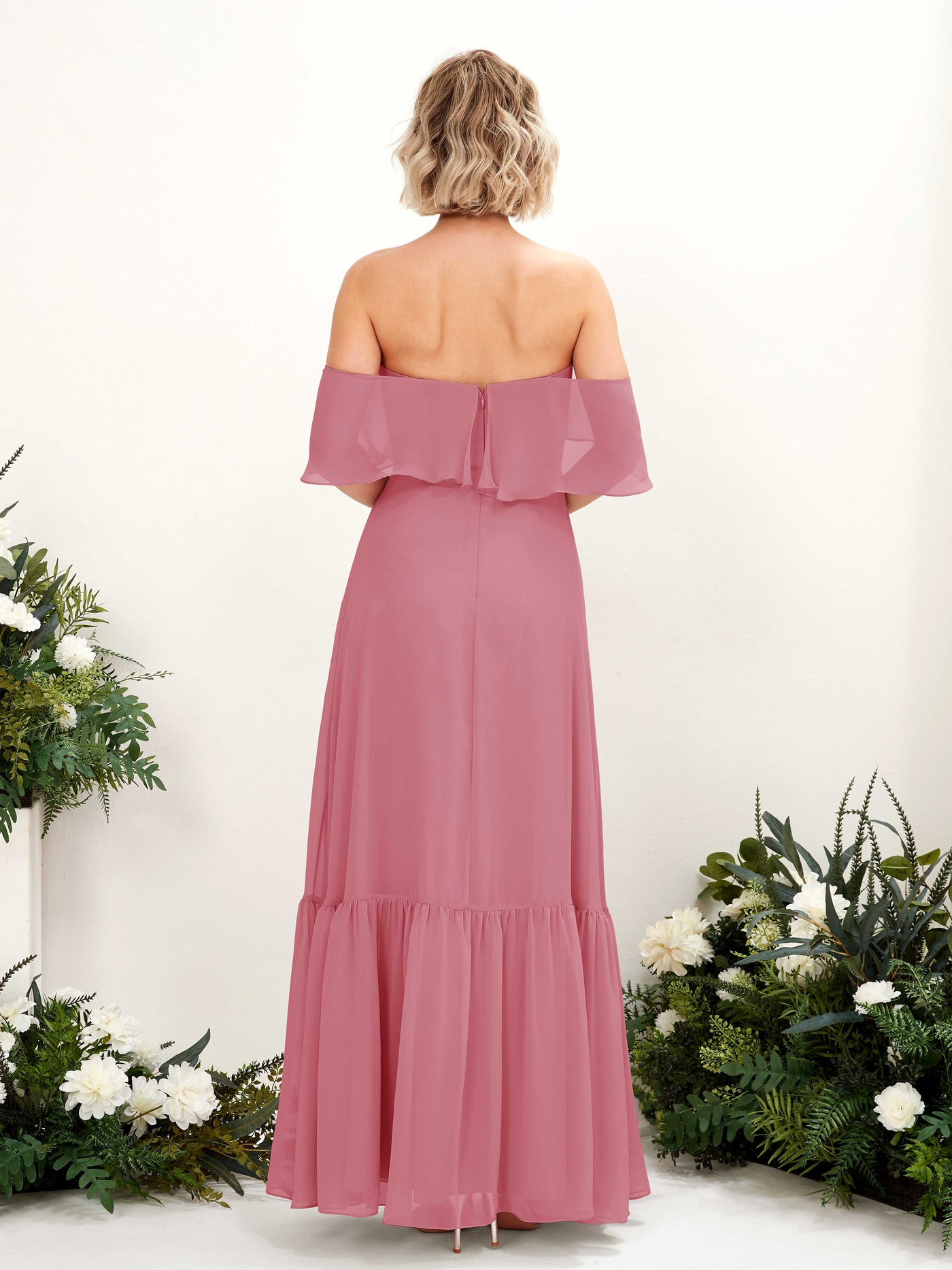 Carlyna Vestido dama de honor Línea A Hombros caídos Hasta el suelo Gasa Rosa Del Desierto #color_rosa-del-desierto