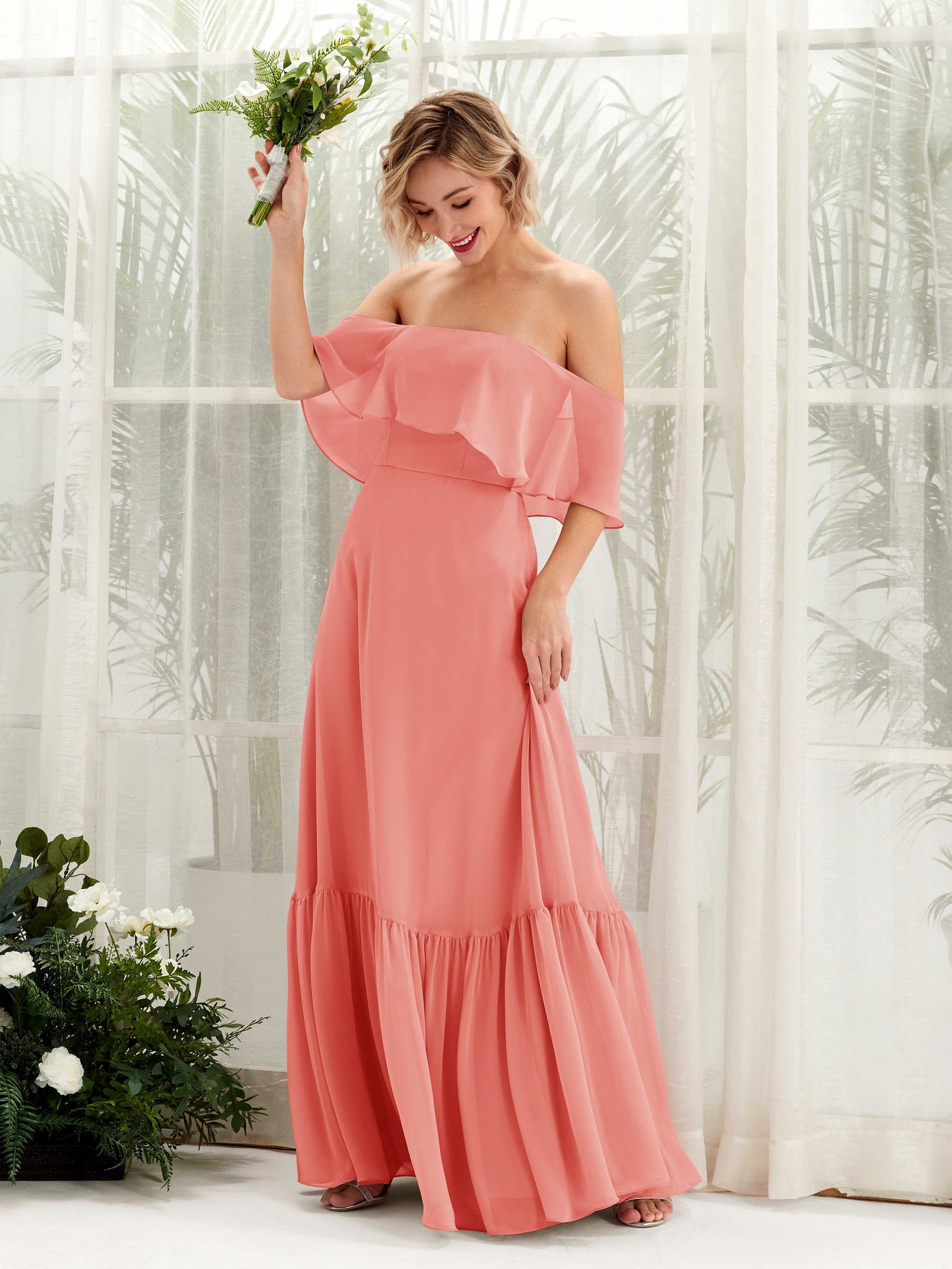 Carlyna Vestido dama de honor Línea A Hombros caídos Hasta el suelo Gasa Rosa Melocotón #color_rosa-melocot-n