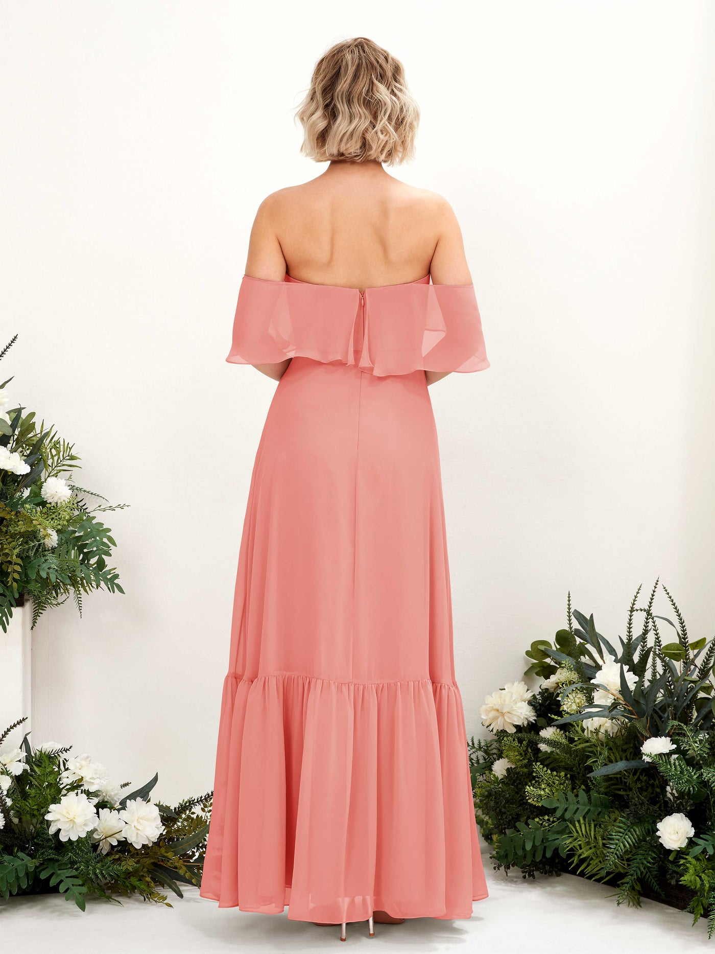Carlyna Vestido dama de honor Línea A Hombros caídos Hasta el suelo Gasa Rosa Melocotón #color_rosa-melocot-n