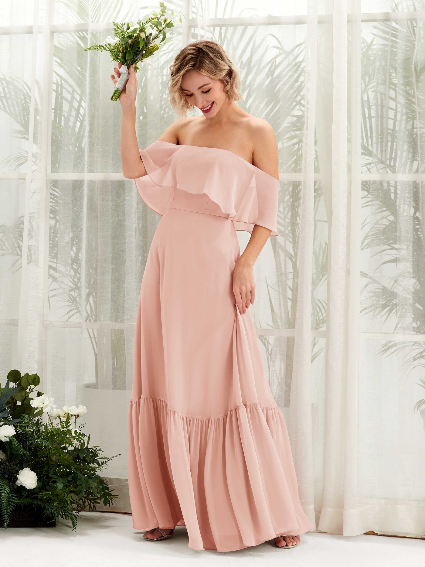 Carlyna Vestido dama de honor Línea A Hombros caídos Hasta el suelo Gasa Rosa Perla #color_rosa-perla