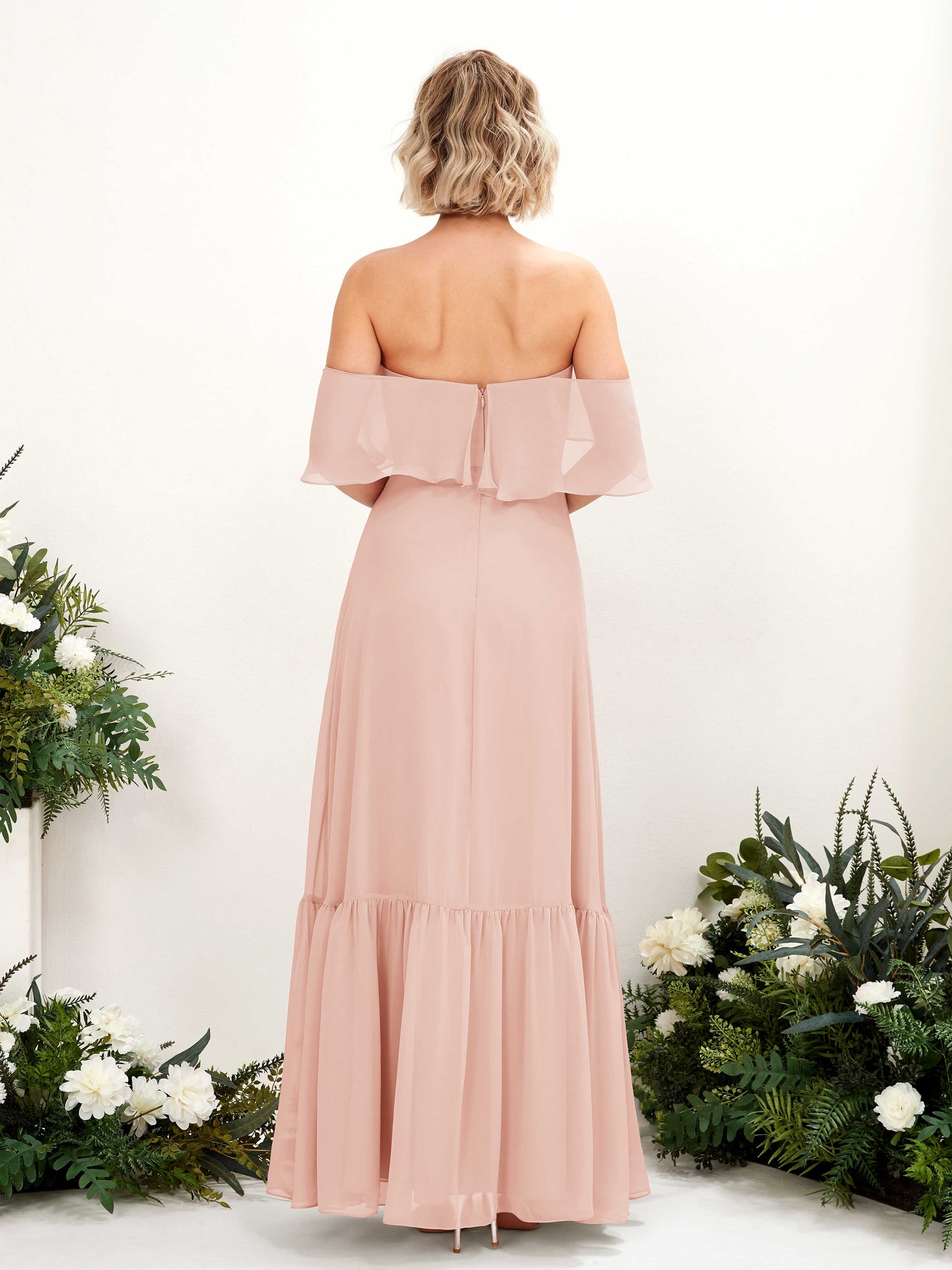 Carlyna Vestido dama de honor Línea A Hombros caídos Hasta el suelo Gasa Rosa Perla #color_rosa-perla