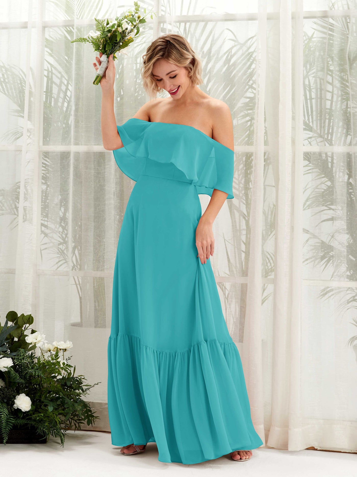 Carlyna Vestido dama de honor Línea A Hombros caídos Hasta el suelo Gasa Turquesa #color_turquesa