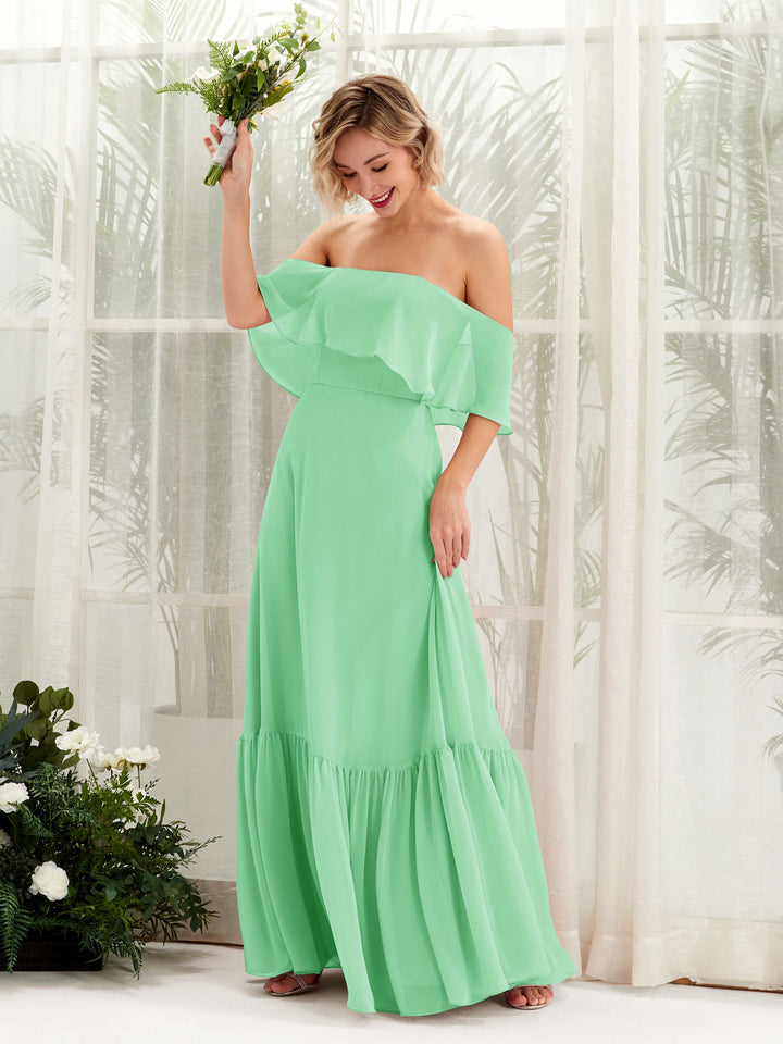 Carlyna Vestido dama de honor Línea A Hombros caídos Hasta el suelo Gasa Verde Menta 