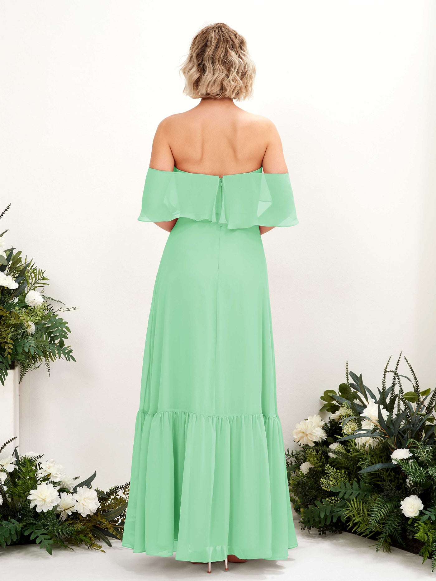 Carlyna Vestido dama de honor Línea A Hombros caídos Hasta el suelo Gasa Verde Menta #color_verde-menta