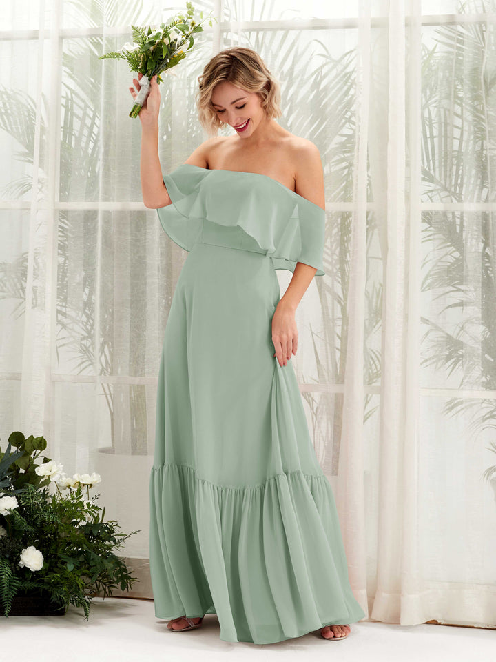 Carlyna Vestido dama de honor Línea A Hombros caídos Hasta el suelo Gasa Verde Salvia 