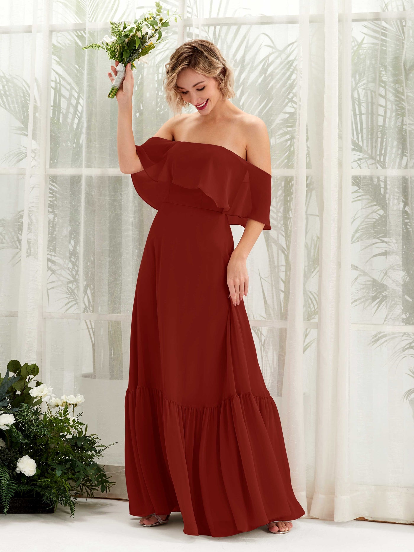 Carlyna Vestido dama de honor Línea A Hombros caídos Hasta el suelo Gasa Óxido #color_xido