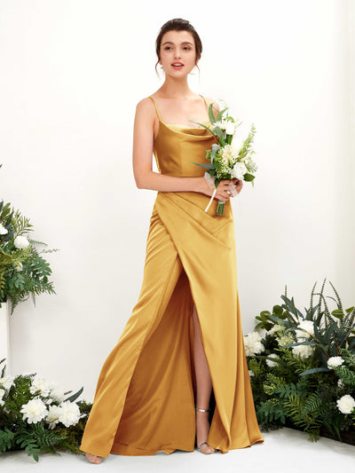 Carlyna Vestido de dama de honor Corte imperial Escote drapeado Hasta el suelo Amarillo Canario #color_amarillo-canario