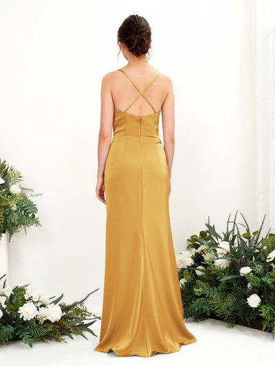 Carlyna Vestido de dama de honor Corte imperial Escote drapeado Hasta el suelo Amarillo Canario #color_amarillo-canario