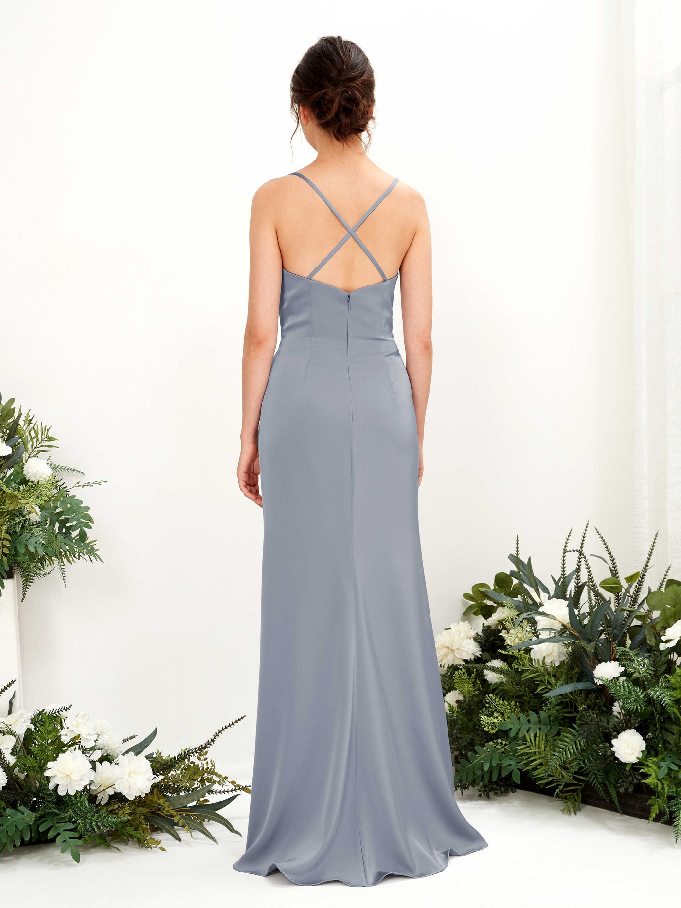 Carlyna Vestido de dama de honor Corte imperial Escote drapeado Hasta el suelo Azul Polvoriento #color_azul-polvoriento