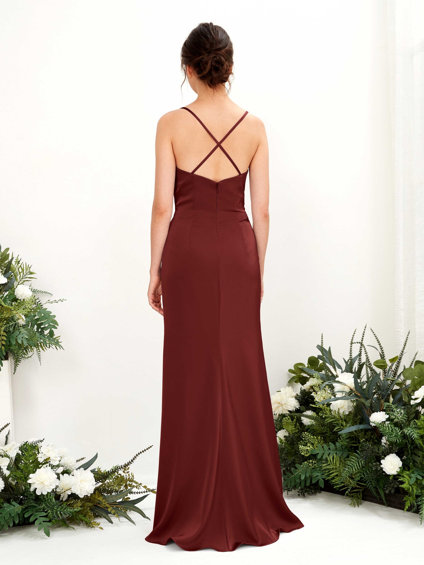 Carlyna Vestido de dama de honor Corte imperial Escote drapeado Hasta el suelo Borgoña #color_borgo-a