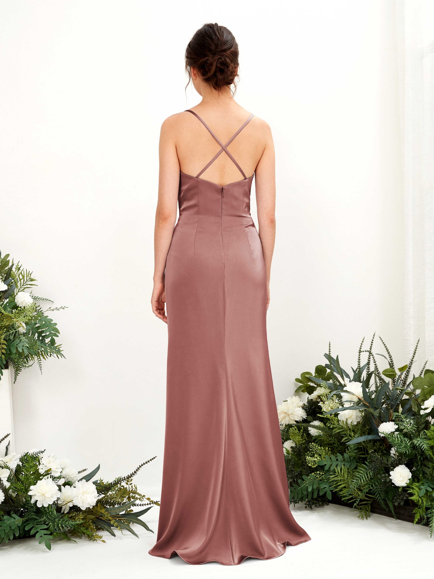 Carlyna Vestido de dama de honor Corte imperial Escote drapeado Hasta el suelo Rosa Del Desierto #color_rosa-del-desierto