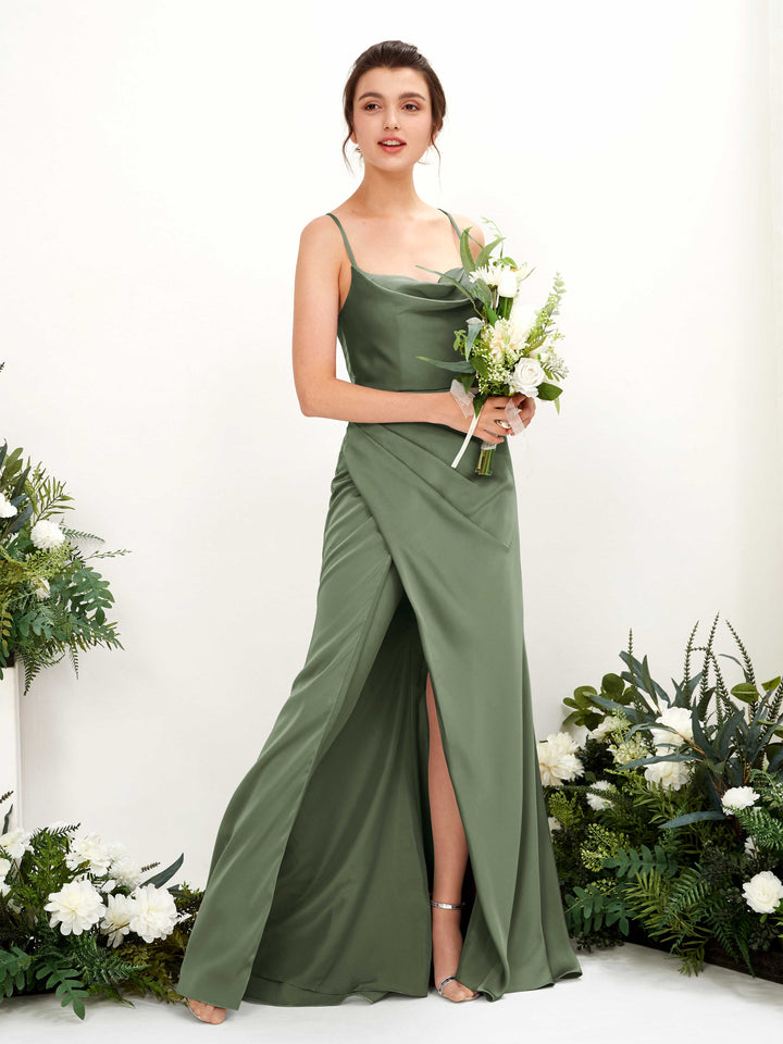 Carlyna Vestido de dama de honor Corte imperial Escote drapeado Hasta el suelo Verde Oliva 