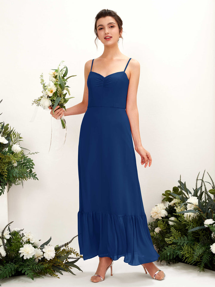 Carlyna Vestido de dama de honor Corte imperial Tirantes finos Hasta el suelo Azul Real 