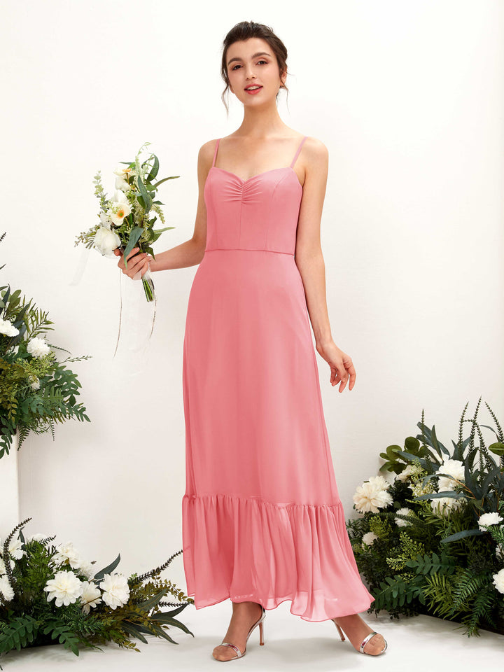 Carlyna Vestido de dama de honor Corte imperial Tirantes finos Hasta el suelo Rosa Coral 