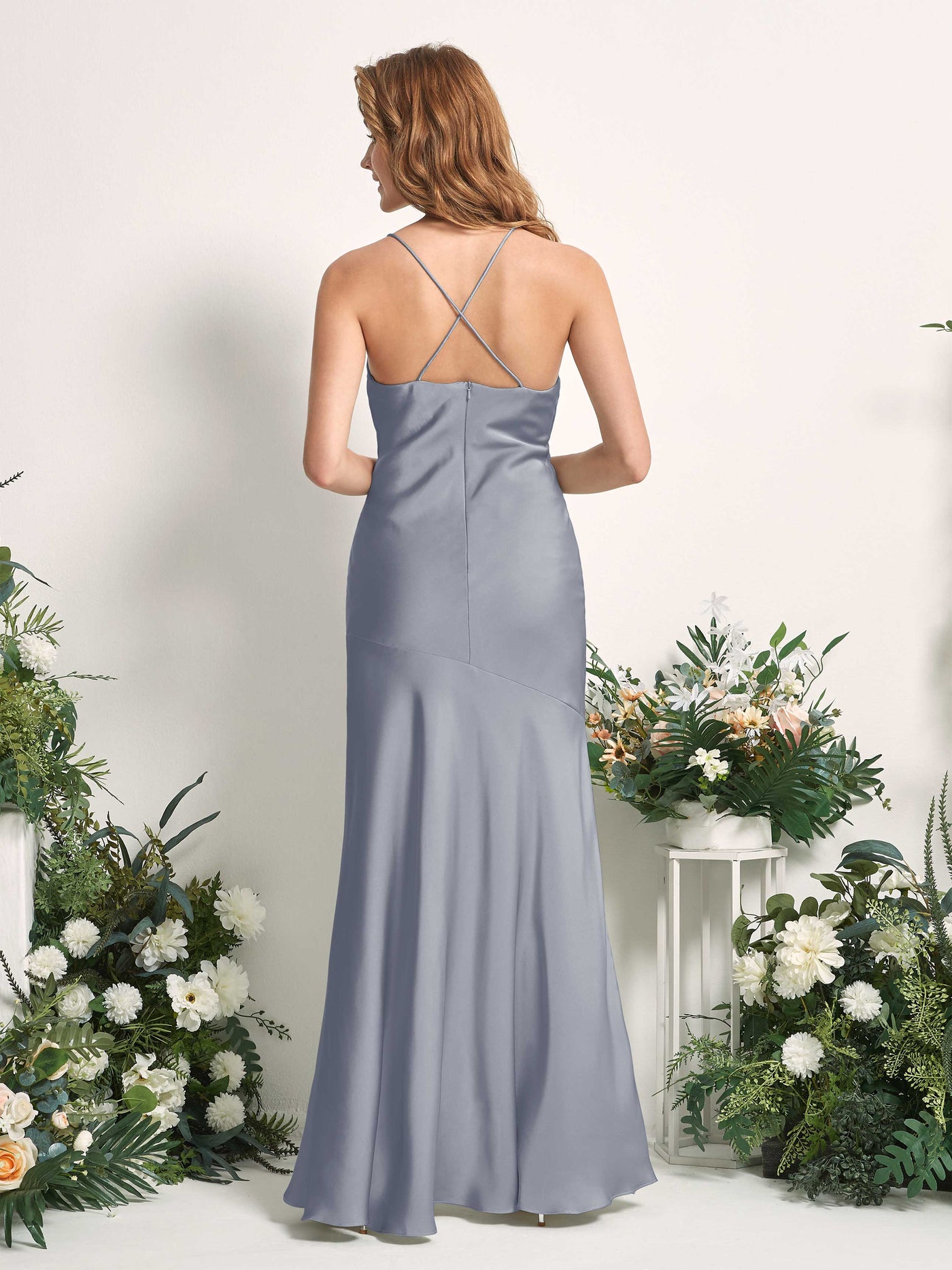Carlyna Vestido de dama de honor Corte sirena Escote drapeado Hasta el suelo Azul Polvoriento #color_azul-polvoriento