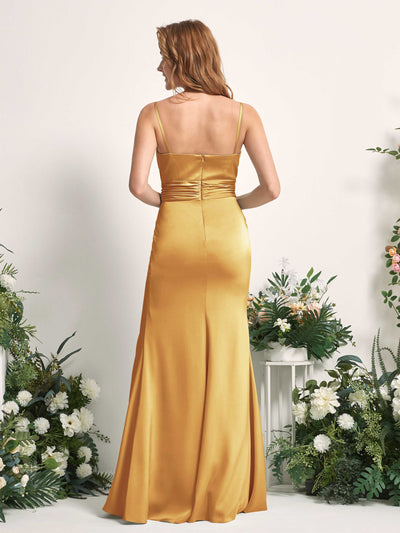 Carlyna Vestido de dama de honor corte sirena escote redondo fruncido hendidura pierna Amarillo Canario #color_amarillo-canario