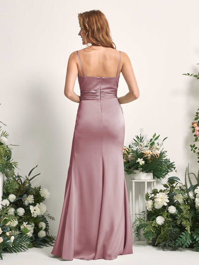 Carlyna Vestido de dama de honor corte sirena escote redondo fruncido hendidura pierna Cuarzo Rosa #color_cuarzo-rosa