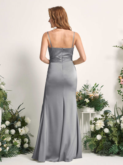 Carlyna Vestido de dama de honor corte sirena escote redondo fruncido hendidura pierna Gris Acero #color_gris-acero