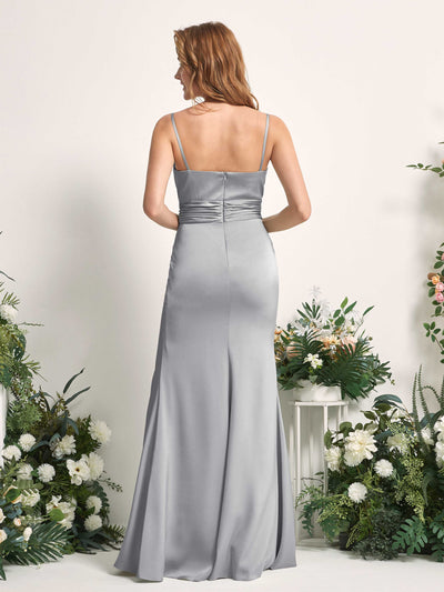 Carlyna Vestido de dama de honor corte sirena escote redondo fruncido hendidura pierna Gris Paloma #color_gris-paloma