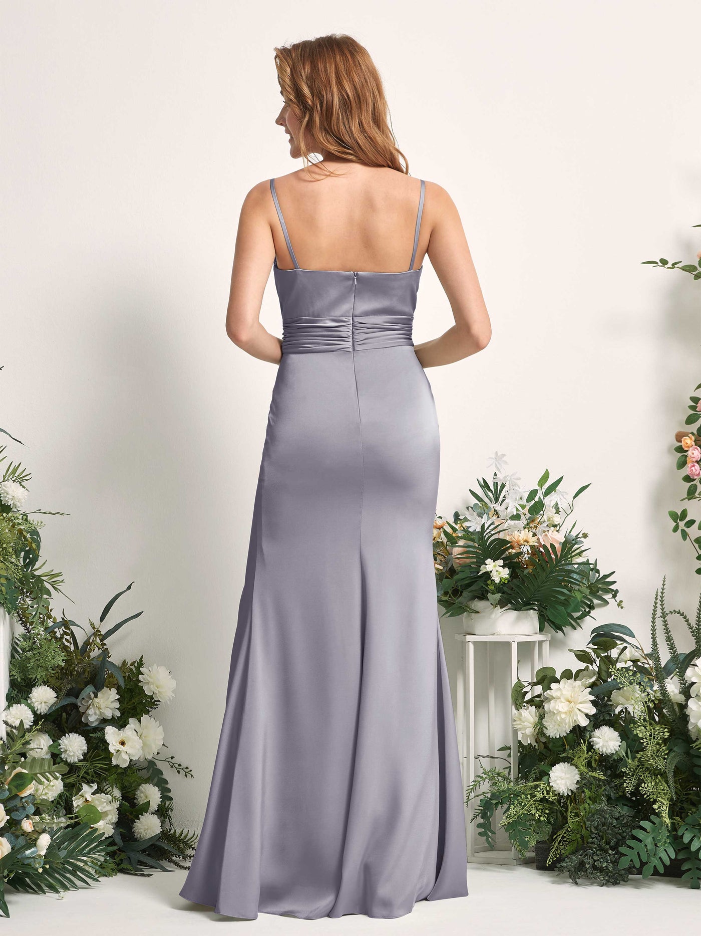 Carlyna Vestido de dama de honor corte sirena escote redondo fruncido hendidura pierna Niebla Púrpura #color_niebla-p-rpura