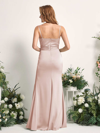 Carlyna Vestido de dama de honor corte sirena escote redondo fruncido hendidura pierna Rosa Perla #color_rosa-perla