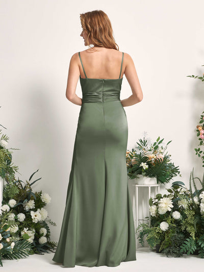 Carlyna Vestido de dama de honor corte sirena escote redondo fruncido hendidura pierna Verde Oliva #color_verde-oliva
