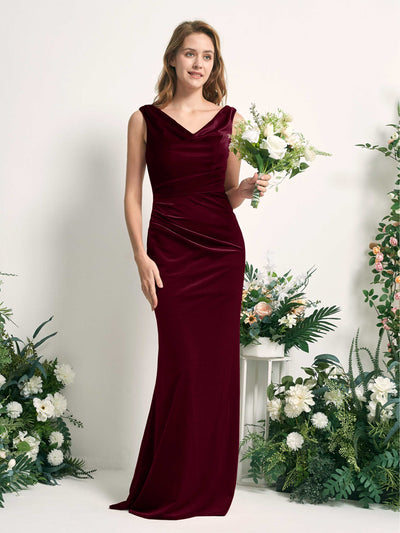 Carlyna Vestido de dama de honor corte trompeta/sirena escote en V hasta el suelo terciopelo Borgoña #color_borgo-a