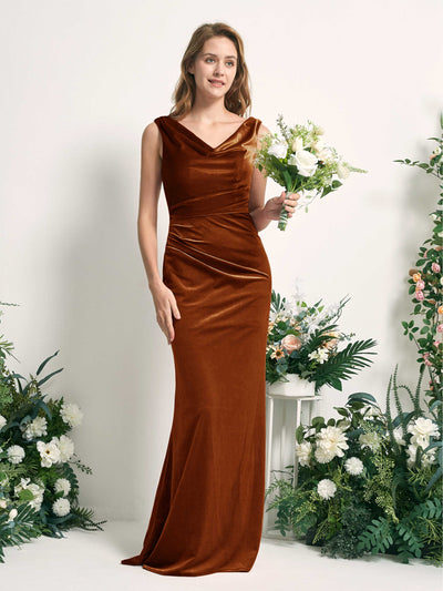 Carlyna Vestido de dama de honor corte trompeta/sirena escote en V hasta el suelo terciopelo Naranja Burant #color_naranja-burant