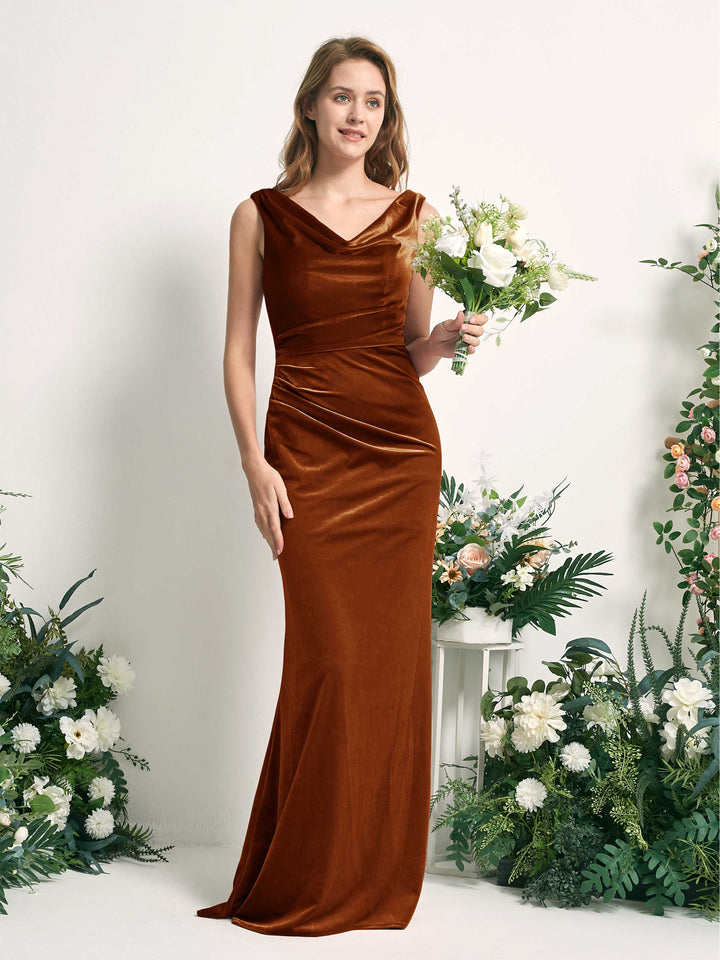 Carlyna Vestido de dama de honor corte trompeta/sirena escote en V hasta el suelo terciopelo Naranja Burant 