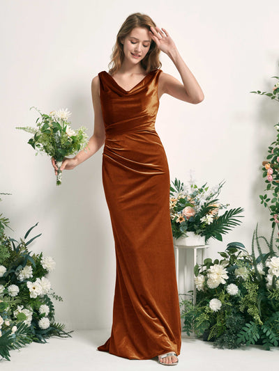 Carlyna Vestido de dama de honor corte trompeta/sirena escote en V hasta el suelo terciopelo Naranja Burant #color_naranja-burant