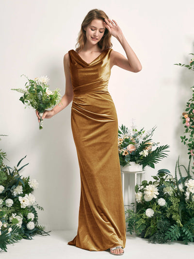 Carlyna Vestido de dama de honor corte trompeta/sirena escote en V hasta el suelo terciopelo Oro Bruñido #color_oro-bru-ido