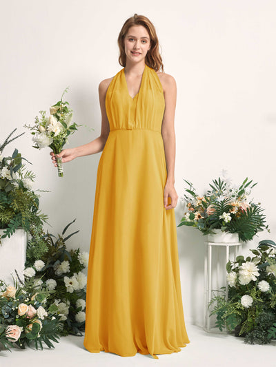 Carlyna Vestido de dama de honor Línea A Cuello de corazón Hasta el suelo Amarillo Mostaza #color_amarillo-mostaza
