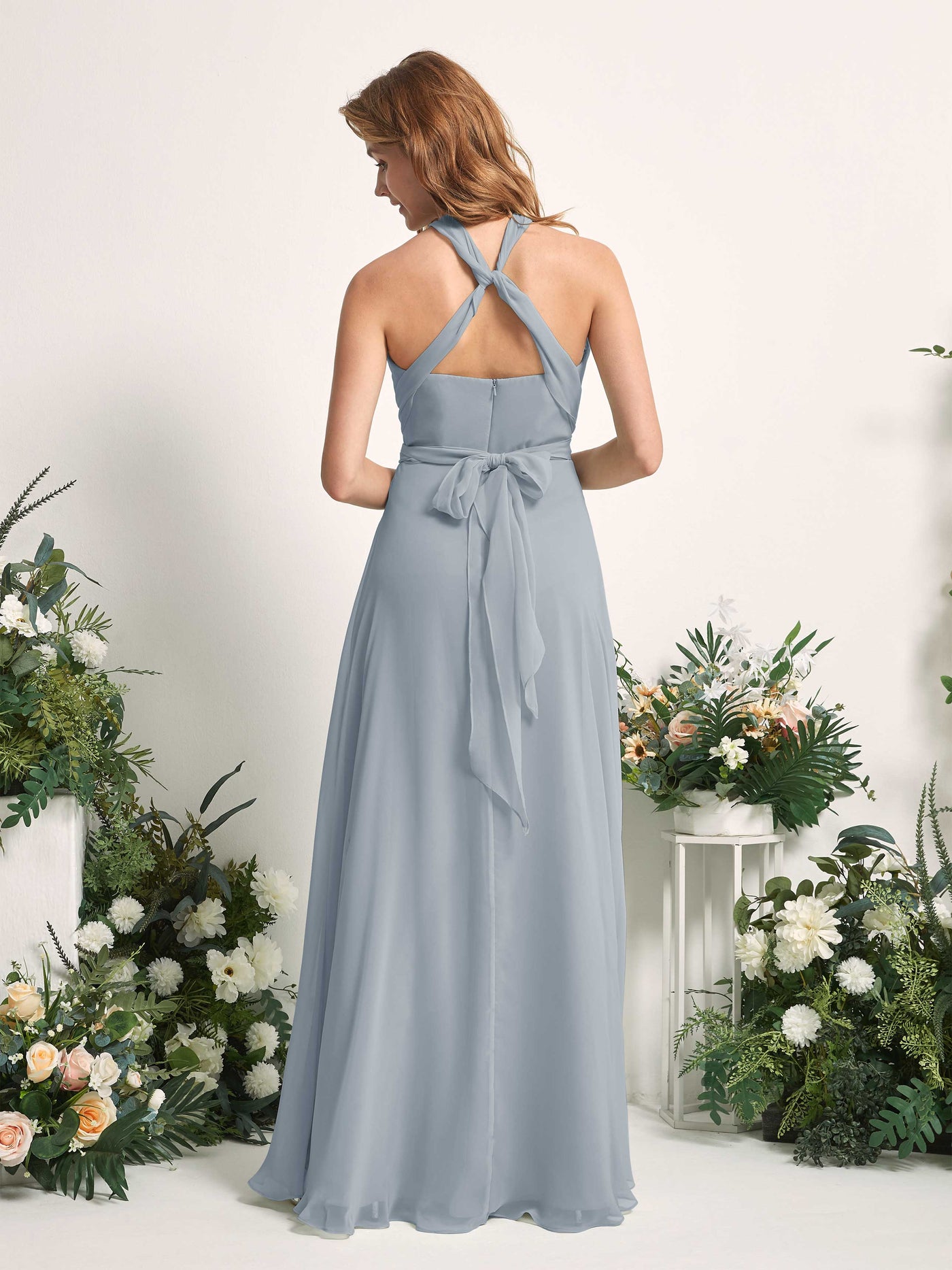Carlyna Vestido de dama de honor Línea A Cuello de corazón Hasta el suelo Azul Empolvado Mejorado #color_azul-empolvado-mejorado