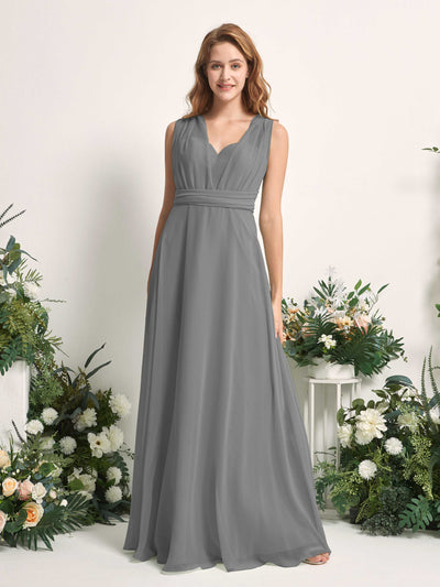 Carlyna Vestido de dama de honor Línea A Cuello de corazón Hasta el suelo Gris Acero #color_gris-acero