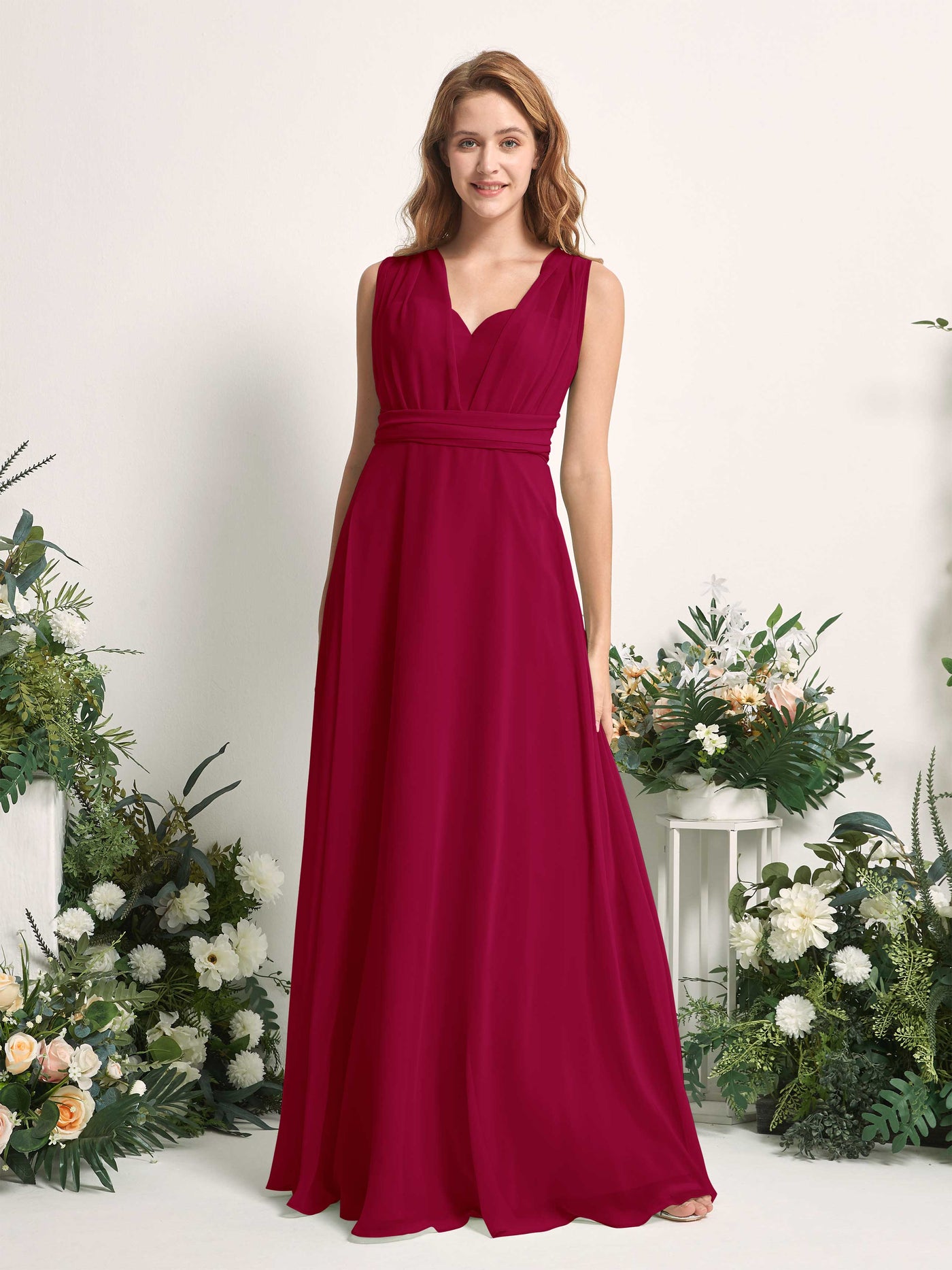 Carlyna Vestido de dama de honor Línea A Cuello de corazón Hasta el suelo Rojo Bufón #color_rojo-buf-n