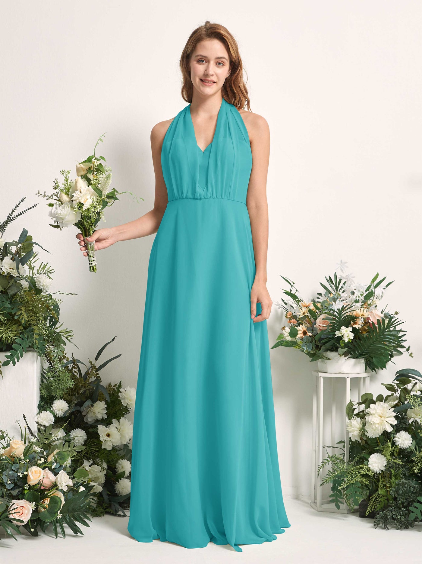 Carlyna Vestido de dama de honor Línea A Cuello de corazón Hasta el suelo Turquesa #color_turquesa
