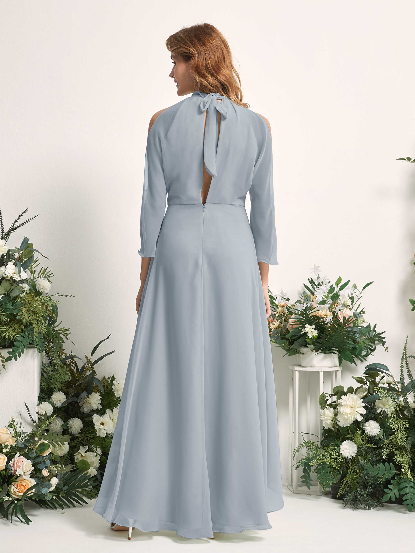 Carlyna Vestido de dama de honor línea A cuello redondo hasta el suelo gasa Azul Empolvado Mejorado #color_azul-empolvado-mejorado