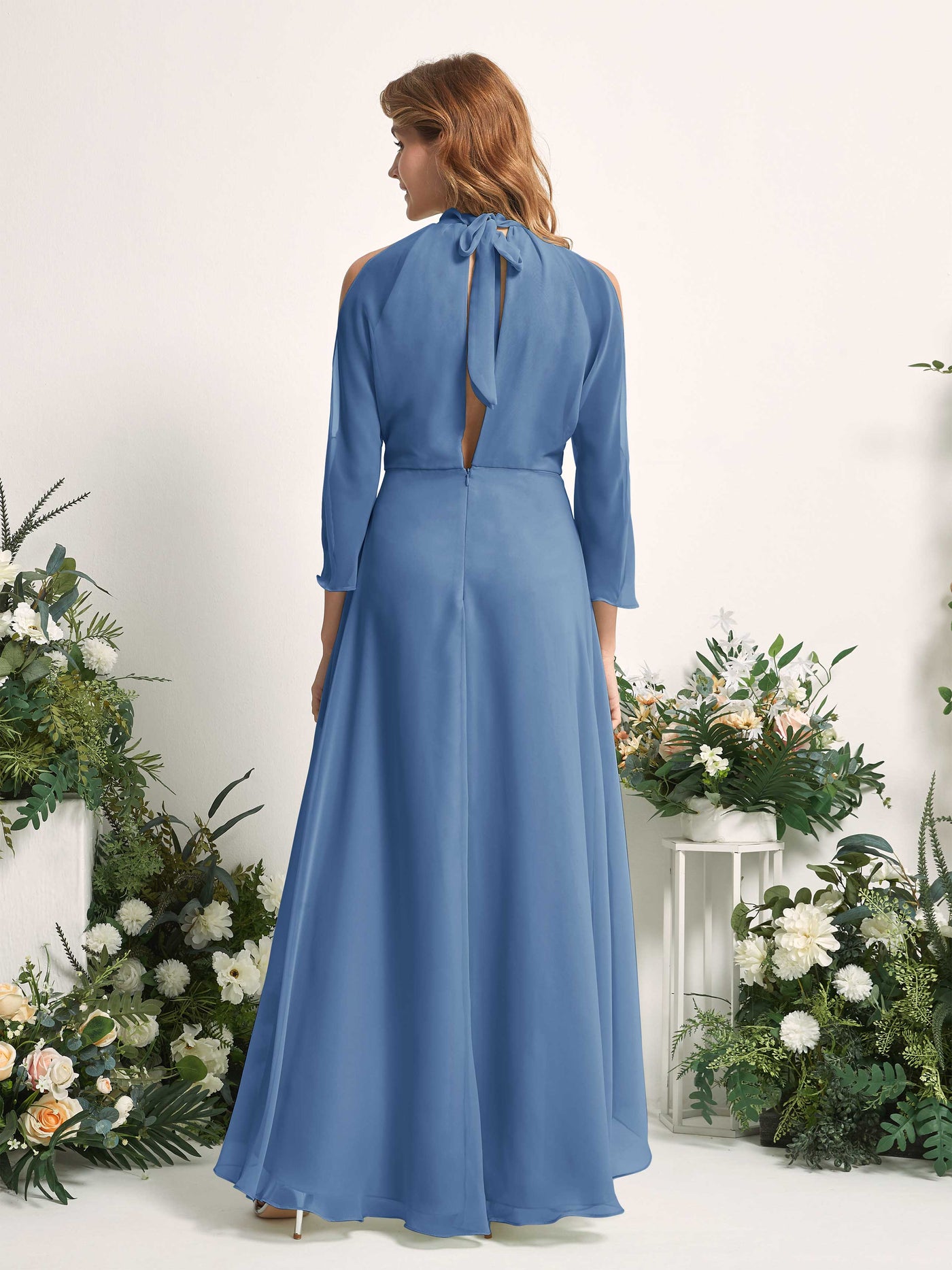Carlyna Vestido de dama de honor línea A cuello redondo hasta el suelo gasa Azul polvoriento #color_azul-polvoriento