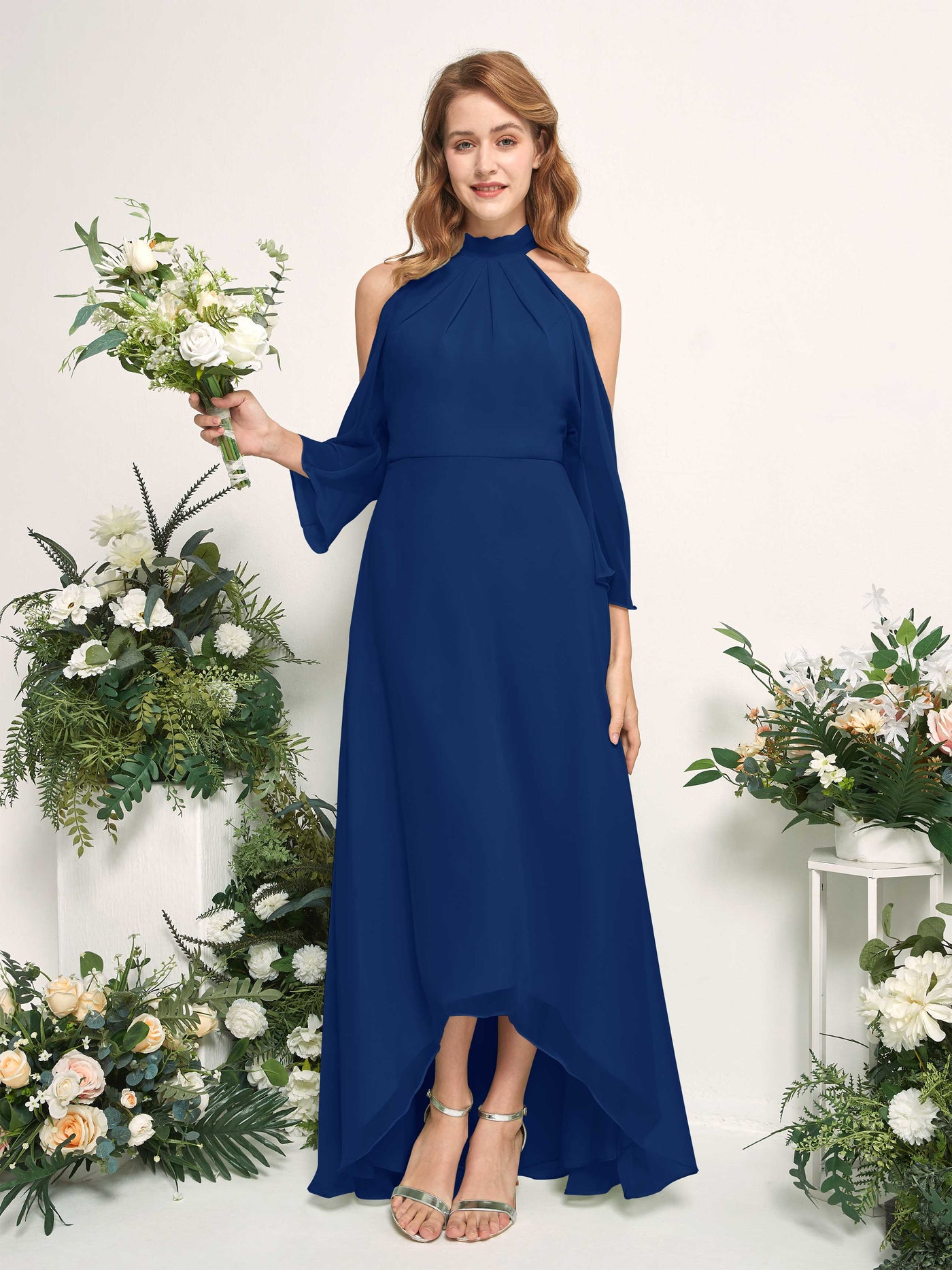 Carlyna Vestido de dama de honor línea A cuello redondo hasta el suelo gasa Azul Real #color_azul-real