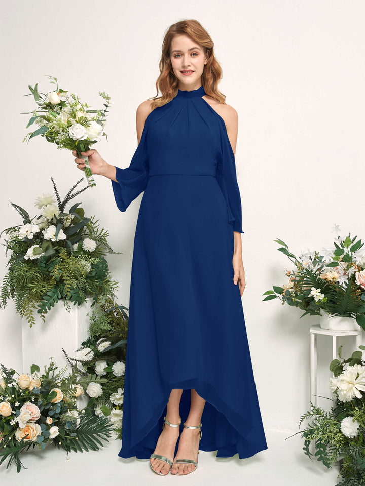 Carlyna Vestido de dama de honor línea A cuello redondo hasta el suelo gasa Azul Real 