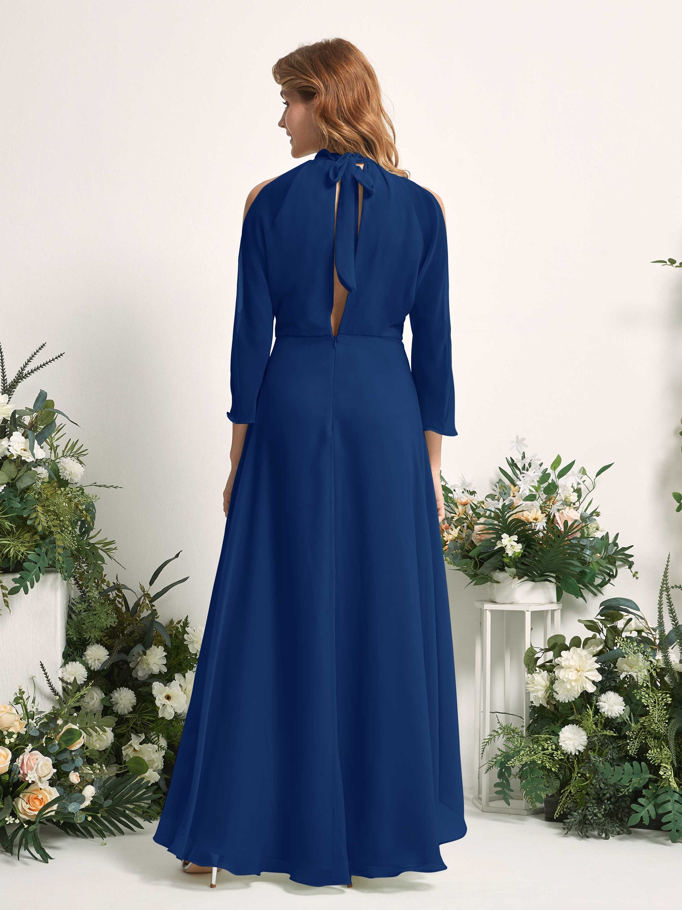 Carlyna Vestido de dama de honor línea A cuello redondo hasta el suelo gasa Azul Real #color_azul-real