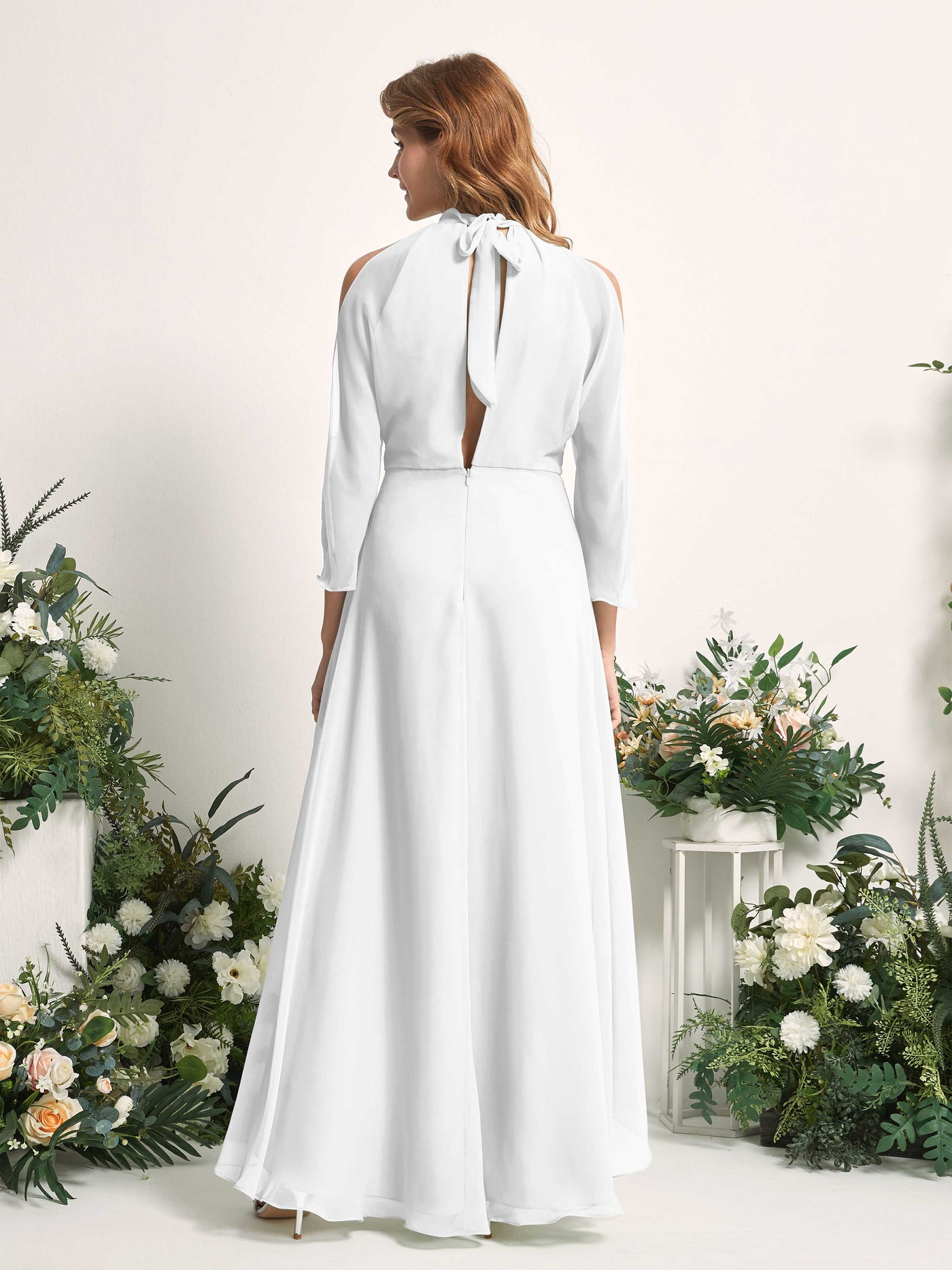 Carlyna Vestido de dama de honor línea A cuello redondo hasta el suelo gasa Blanco #color_blanco