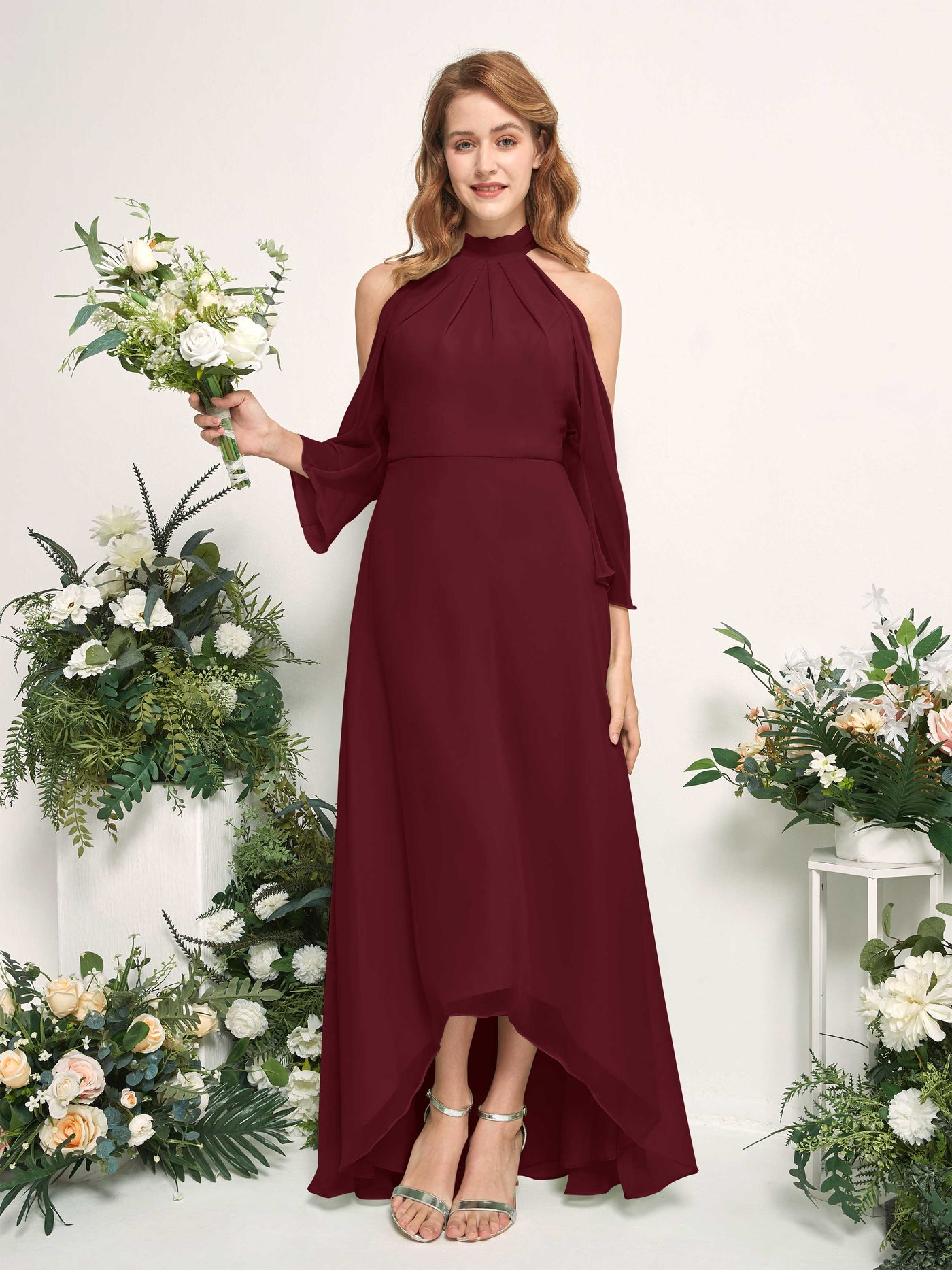 Carlyna Vestido de dama de honor línea A cuello redondo hasta el suelo gasa Borgoña #color_borgo-a